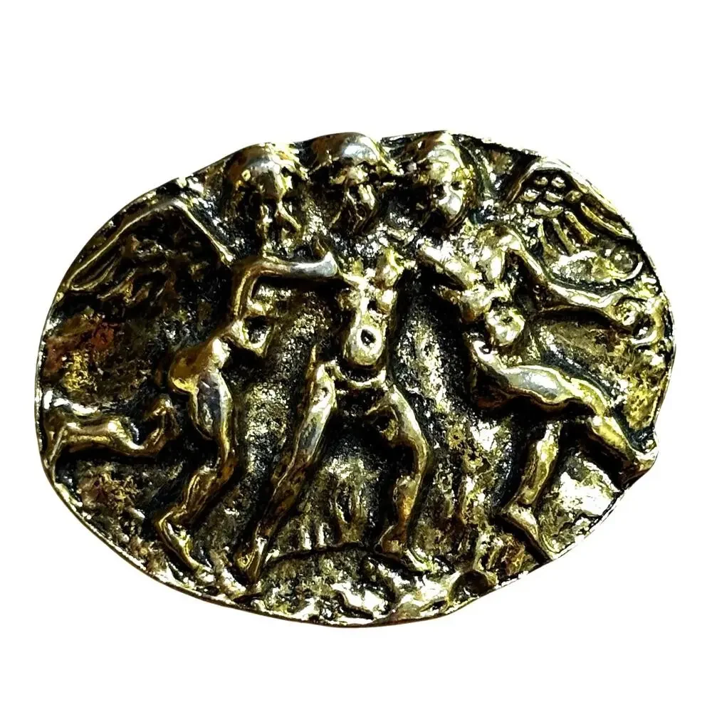 Vintage gold tone metal brooch relief repousse style oval dancing winged cupids